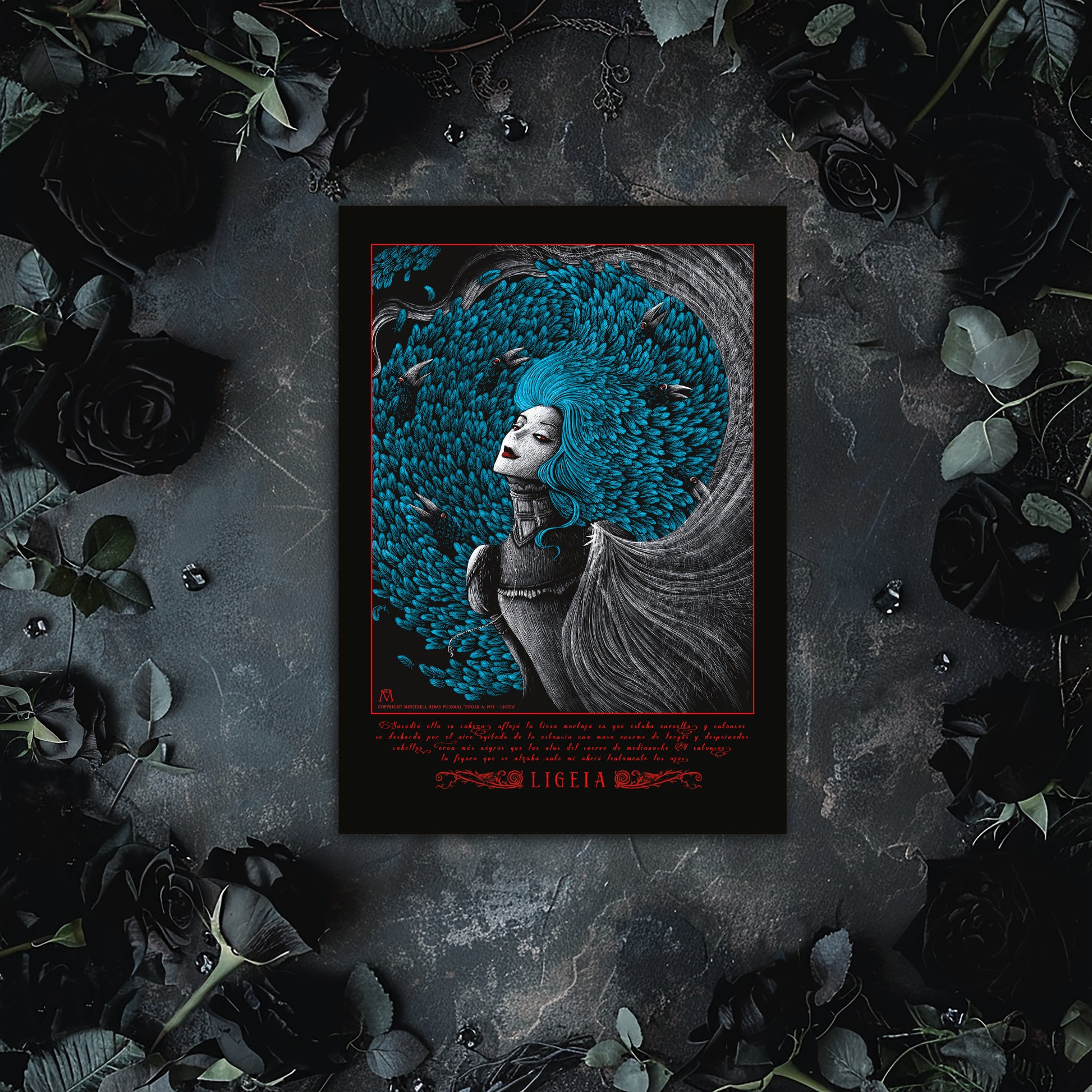 Postal Din A5 - "La tumba de Ligeia" (Rojo/Azul) -  Edgar Allan Poe