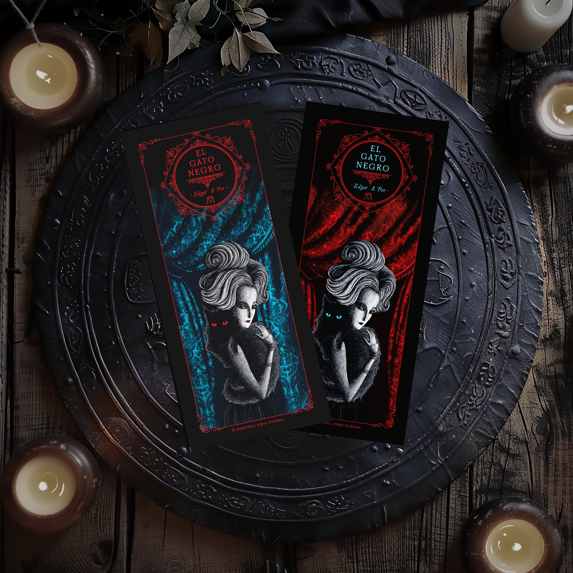 Punto de Libro - "Entre cortinas" (Dos caras, Rojo/Azul) - El Gato Negro, de Edgar Allan Poe